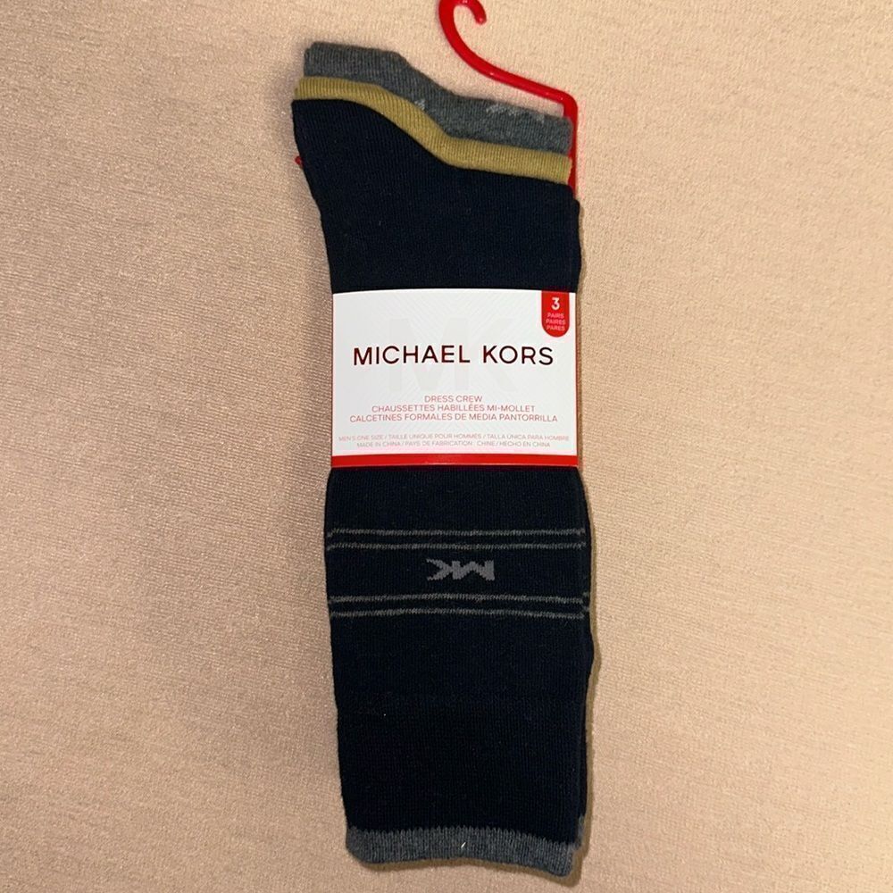 Michael Kors Men’s Pack of 3 Pairs Dress Crew Socks Navy Silver Gray Mustard